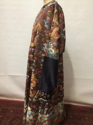 Lot 2057 - 19th Century Chinese embroidered brown silk robe with Horse Hoof cuffs, five Dragons and pale blue silk lining.