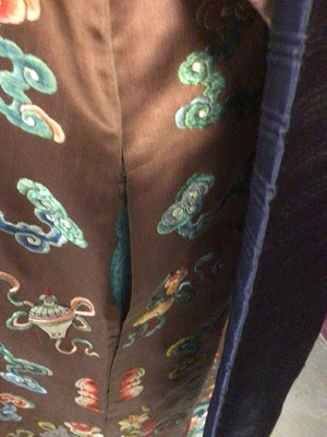 Lot 2057 - 19th Century Chinese embroidered brown silk robe with Horse Hoof cuffs, five Dragons and pale blue silk lining.