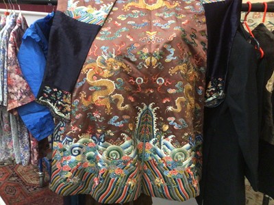 Lot 2057 - 19th Century Chinese embroidered brown silk robe with Horse Hoof cuffs, five Dragons and pale blue silk lining.