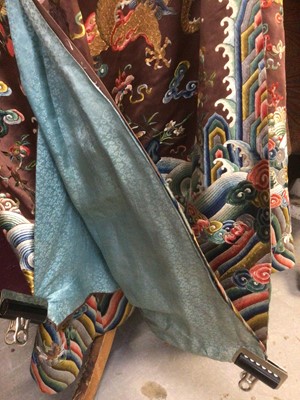 Lot 2057 - 19th Century Chinese embroidered brown silk robe with Horse Hoof cuffs, five Dragons and pale blue silk lining.