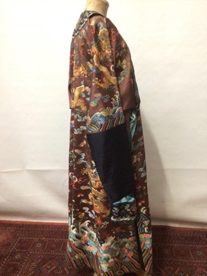 Lot 2057 - 19th Century Chinese embroidered brown silk robe with Horse Hoof cuffs, five Dragons and pale blue silk lining.