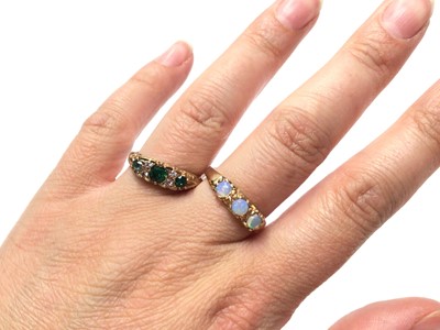 Lot 24 - 9ct gold three stone opal ring and Victorian style 9ct gold gem set ring