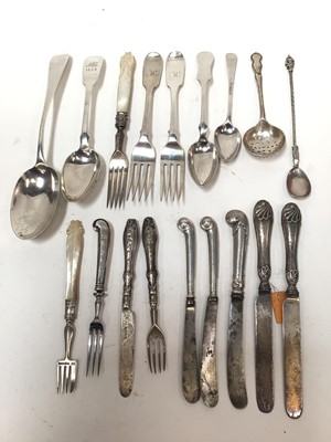 Lot 344 - Pair of Victorian silver fiddle pattern forks, together with a Georgian fiddle pattern dessert spoon, silver table spoon and other silver and plated flatware, various dates and makers.