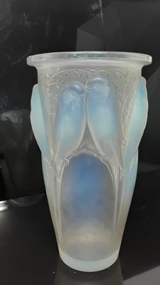 Lot 1201 - Rene Lalique Ceylan pattern opalescent glass vase, moulded with parakeets on branches, 24cm high
