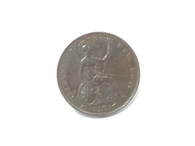 Lot 449 - G.B. - Copper Penny Victoria 1856 (Plain trident) (N.B. Obv: Scratches to cheek) otherwise GVF (rare) (1 coin)