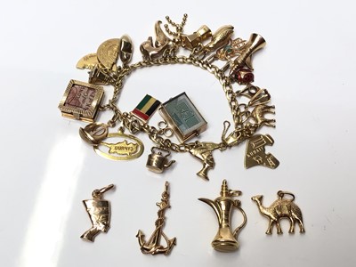 Lot 76 - 18ct gold charm bracelet with various 18ct, 14ct and 9ct gold charms