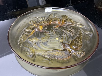 Lot 1013 - 1920's/30's Verlys France amber glass dish, moulded with three geese and two fish, signed on, 35.5cm diameter