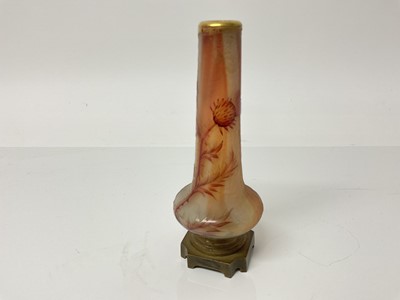 Lot 1030 - Cameo glass vase with thistle decoration on brass stand, unsigned, 14.5cm high