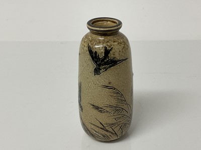 Lot 1048 - Rare Martin Brothers miniature stoneware vase decorated with four birds, impressed marks to base, 9.5cm high