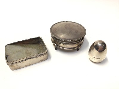 Lot 102 - Silver jewellery box, silver egg shaped ring box and white metal box with carved mother of pearl insert to lid
