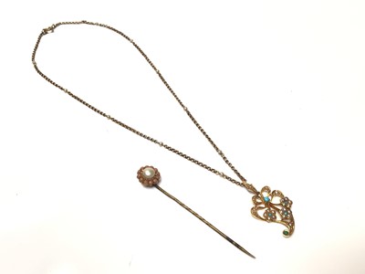 Lot 110 - Edwardian 15ct gold seed pearl and turquoise pendant on chain and stick pin