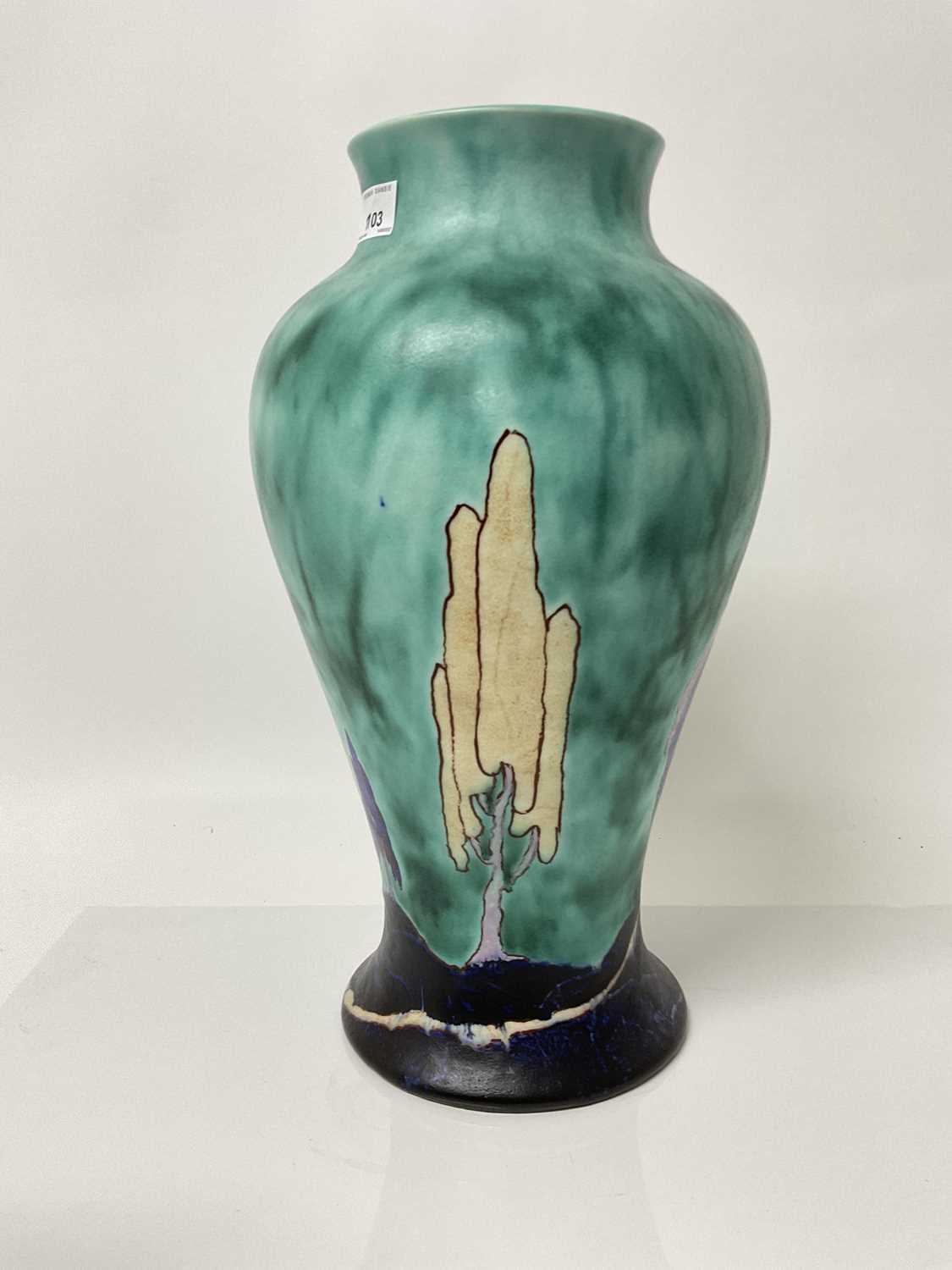 Lot 1103 - Extremely large 1930's Clarice Cliff vase decorated in the Inspiration Caprice pattern, 41cm high