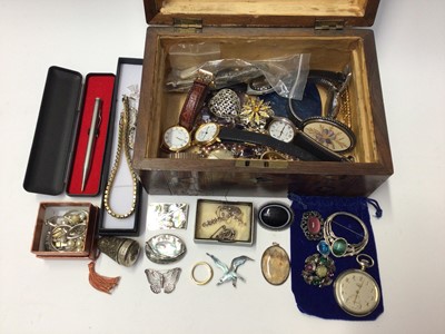 Lot 135 - Victorian parquetry inlaid work box containing costume jewellery, silver and wristwatches