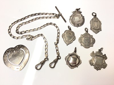 Lot 142 - Silver watch chain, group silver and plated fobs and silver bookmark