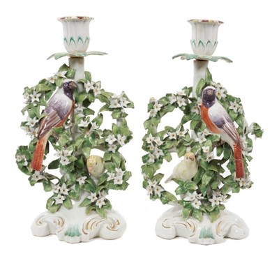 Lot 208 - Pair 18th century Derby bird chamber candlesticks, circa 1760