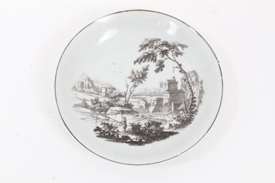 Lot 214 - 18th century Worcester saucer, printed in black by Robert Hancock with ruins, circa 1765