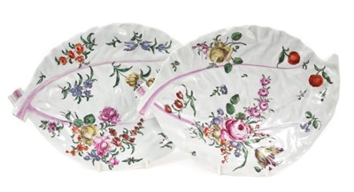Lot 219 - Pair 18th century Worcester cabbage leaf shaped dishes, painted in ‘Rogers’ style, circa 1760