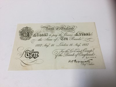 Lot 499 - G.B. - Ten Pound white banknote signature K.O. Peppiatt, London 16th August 1937 (N.B. Minor folds and edge damage to right noted) otherwise GF-AVF (1 banknote)