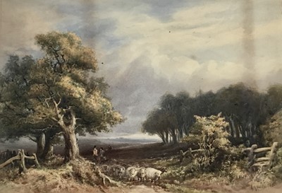Lot 86 - A. Marlow 19th century watercolour laid on card - extensive landscape with shepherds and their sheep, signed and dated [18]'85