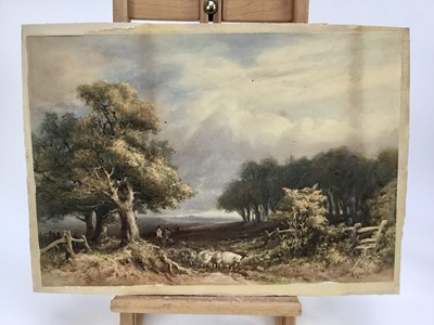 Lot 86 - A. Marlow 19th century watercolour laid on card - extensive landscape with shepherds and their sheep, signed and dated [18]'85