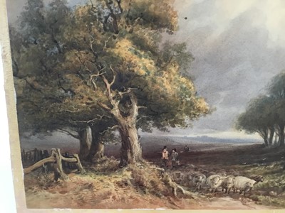Lot 86 - A. Marlow 19th century watercolour laid on card - extensive landscape with shepherds and their sheep, signed and dated [18]'85