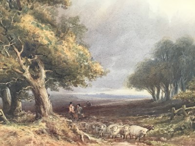 Lot 86 - A. Marlow 19th century watercolour laid on card - extensive landscape with shepherds and their sheep, signed and dated [18]'85