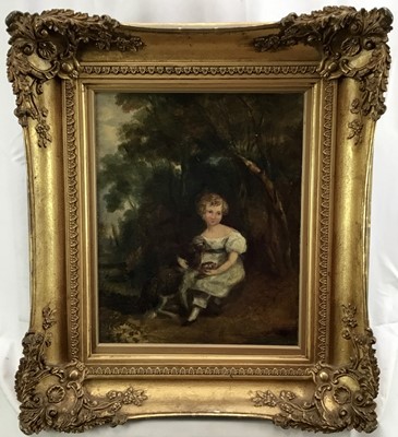 Lot 88 - English School circa 1850 oil on canvas - A young girl with her pet dog in woodland in gilt frame