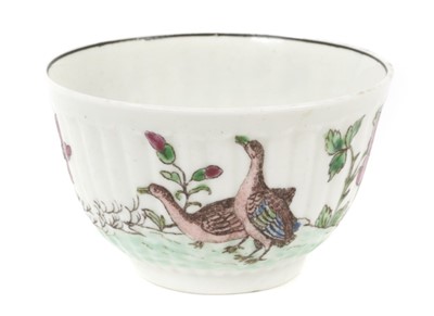 Lot 233 - 18th century Worcester ribbed tea bowl, printed and painted with geese, circa 1756-58