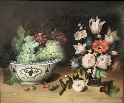 Lot 89 - 20th century oil on wood board - still life with grapes in blue and white bowl