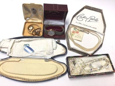Lot 279 - 9ct yellow gold signet ring, eternity ring, Valex 9ct gold cased wristwatch on plated bracelet, two crystal necklaces, two simulated pearl necklaces and a Rotary wristwatch