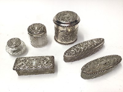 Lot 204 - Victorian silver cylindrical trink pot and cover (London 1898) together with five silver topped glass vanity jars