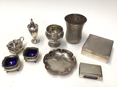 Lot 209 - Group silver to include cigarette box, cruet set, Eastern white metal beaker and other items