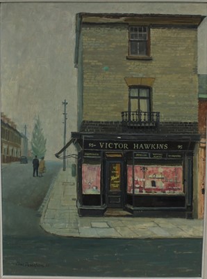 Lot 1181 - *Charles Debenham (b.1933) oil on board - Victor Hawkins Shop, Crouch Street, Colchester, signed and dated '61, titled verso, 59cm x 44cm