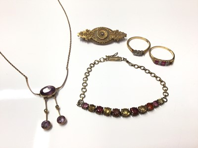 Lot 280 - Edwardian amethyst and seed pearl pendant necklace, Victorian 15ct gold brooch, multi-gem set bracelet and two diamond rings