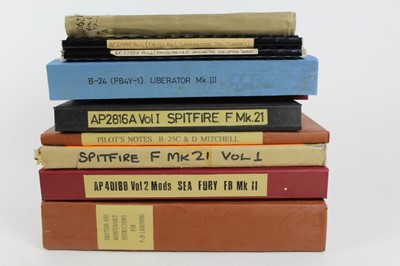 Lot 816 - Interesting group of reproduced and bound Second World War parts catalogues and manuals and operational flight instructions for Spitfire, P-38 Lightning, Lancaster and others (10 items)