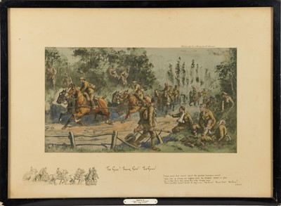 Lot 1182 - Snaffles, Charles John Payne (1884-1967) print with some hand-colouring - 'The Guns!, Thank God!, The Guns!', published by Fores 1917, 49cm x 68cm, in glazed frame
