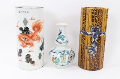 Lot 287 - Three Chinese ceramic items, including a Doucai double gourd vase, a Republic sleeve vase decorated with a foo dog, and an imitation Bamboo sleeve vase