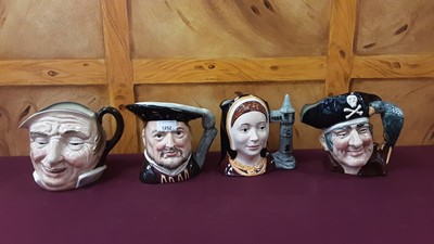 Lot 1252 - Nine large Royal Doulton character jugs - Henry VIII, Catherine of Aragon, Smuggler, Long John Silver x 2, Pied Piper, Tom o'Shanter, Granny and Farmer John