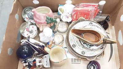 Lot 1259 - Royal Crown Derby dolphin paperweight, Bunnykins figure - Summer Lapland, Nao porcelain figure, Royal Doulton character jug - Lumberjack, two snow globes, Bunnykins certificates, other china and gl...