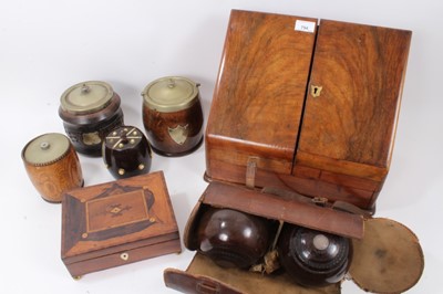 Lot 754 - Victorian walnut stationary box, together with four biscuit barrels a jewellery box