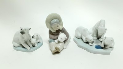 Lot 1266 - Two Lladro porcelain polar bear groups, together with an Eskimo with polar bear (3)