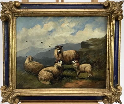 Lot 32 - Manner of John W. Morris oil on board - sheep in a mountainous river landscape, 24cm x 30cm