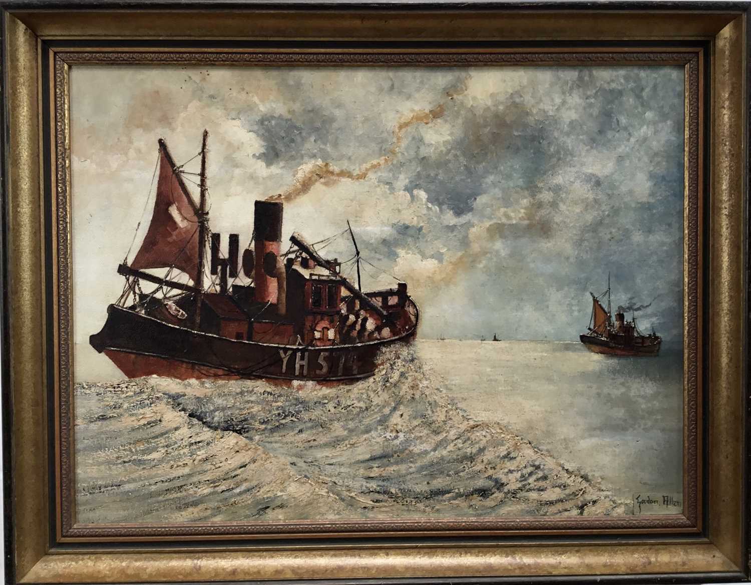 Lot 33 - English School oil on board - Yarmouth Trawler No.574 off the coast, 60cm x 45cm, framed