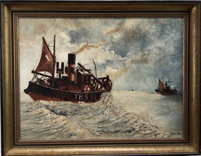 Lot 33 - English School oil on board - Yarmouth Trawler No.574 off the coast, 60cm x 45cm, framed