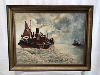 Lot 33 - English School oil on board - Yarmouth Trawler No.574 off the coast, 60cm x 45cm, framed