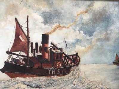 Lot 33 - English School oil on board - Yarmouth Trawler No.574 off the coast, 60cm x 45cm, framed