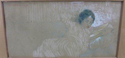 Lot 1069 - Sarkis Katchadourian (Armenian 1886-1947) pastel on paper - Lady Reading, signed, 17cm x 35cm, in glazed frame