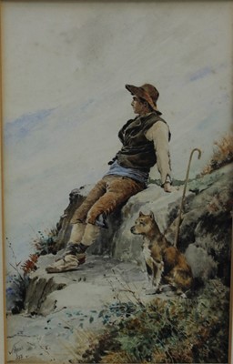 Lot 1019 - Santiago Arcos y Megalde Chilean 1865-1912 watercolour of shepherd and dog