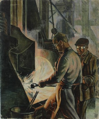 Lot 1068 - Alexy Janko 1884-1970 oil on canvas steelworkers signed indistinctly verso