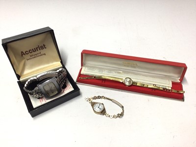 Lot 215 - Ladies Vertex 9ct gold wristwatch, together with a ladies Consul wristwatch and a Gentleman's Accurist watch, 2.2 grams of 9ct (3)